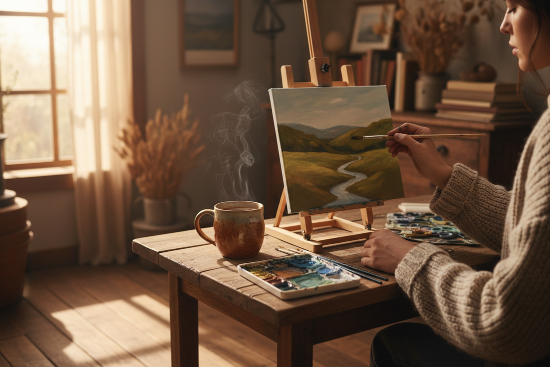 Artist painting a serene landscape in warm morning light with a steaming mug of Brewed Balance coffee nearby — symbolizing creativity, calm focus, and mindful craftsmanship.