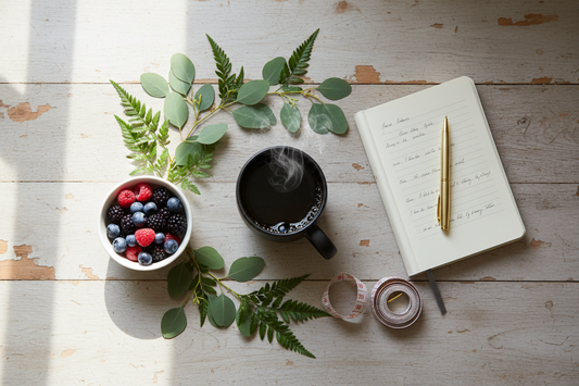 Steaming cup of Brewed Balance coffee beside a bowl of fresh berries, a handwritten blog‑planning notebook, and green leaves on a sunlit wooden table — symbolizing mindful morning routines and creative inspiration.